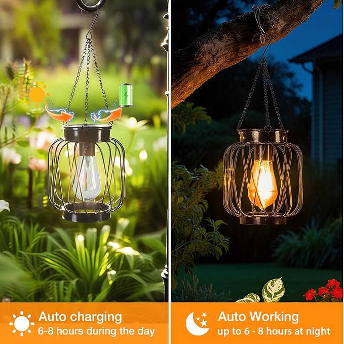 Solar Lanterns Outdoor 2 Pack, Metal Solar Hanging Lanterns with Hook - Outdoor Hanging Lantern Lights Waterproof, Bright Warm Lantern Decor for Outside Garden Yard Patio Pathway