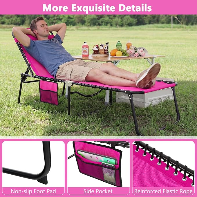 Giantex Patio Lounge Chairs for Outside - Set of 2 Folding Tanning Chair w/Headrest, 4 Adjustable Positions, Side Pocket, Outdoor Chaise Lounge for Camping, Pool, Sunbathing Beach Chair, Pink