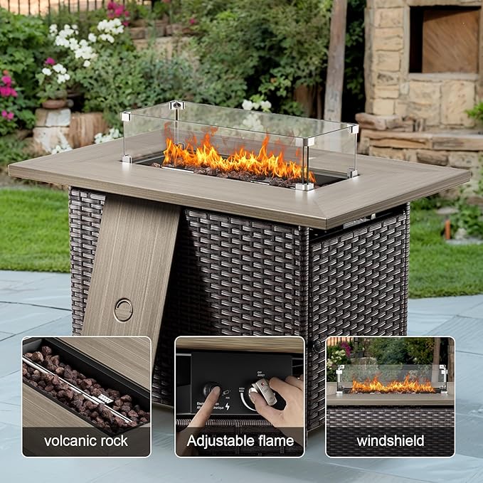 Wicker Outdoor Conversation Se with 50,000 BTU Gas Propane Fire Pit Tablet-6 Pieces Outdoor Wicker High Back Couch Patio Furniture for Deck Poolside Backyard