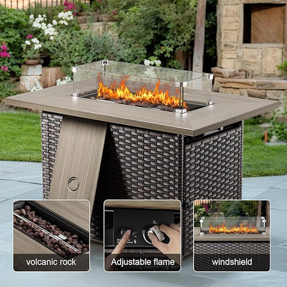 Wicker Outdoor Conversation Se with 50,000 BTU Gas Propane Fire Pit Tablet-6 Pieces Outdoor Wicker High Back Couch Patio Furniture for Deck Poolside Backyard