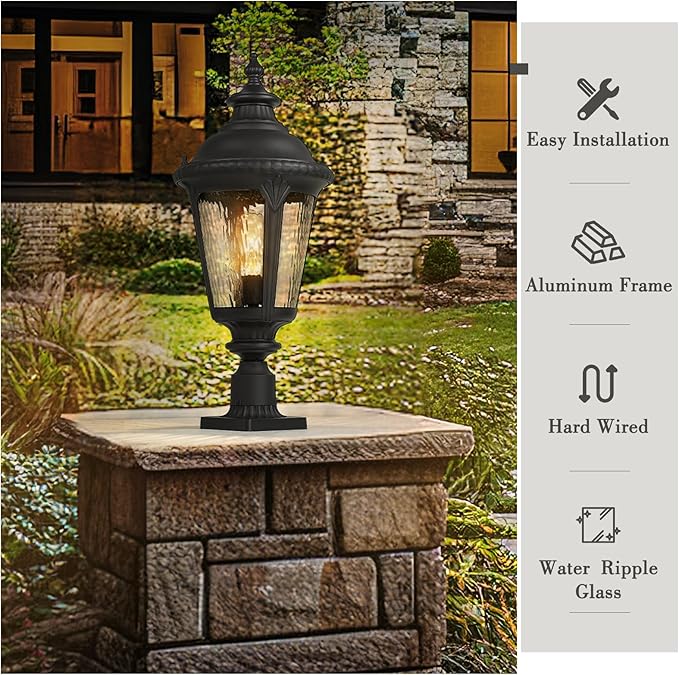 Emliviar 25" Lamp Post Light Fixture with Water Ripple Glass, Waterproof Outdoor Pole Light in Black Finish for Yard and Garden, XE265P-SW BK