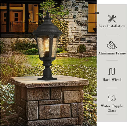 Emliviar 25" Lamp Post Light Fixture with Water Ripple Glass, Waterproof Outdoor Pole Light in Black Finish for Yard and Garden, XE265P-SW BK
