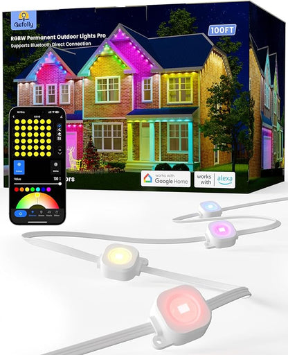 Gefolly Permanent Outdoor Lights Pro, 100ft with 60 RGBW Double-LED Lights 111 Scene Modes for Daily, Halloween, Christmas, IP67 Waterproof for Outdoor Decor, Works with Alexa, Google Assistant, White