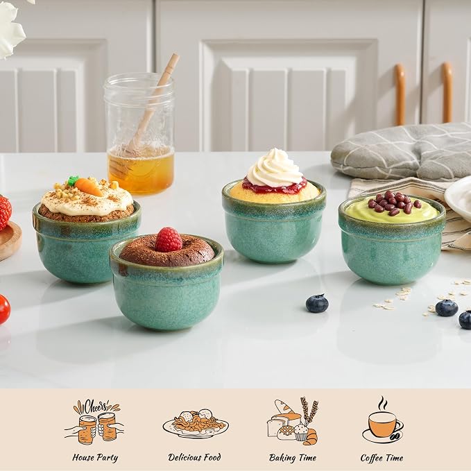 Henten Home 6 oz Ramekins Set Oven Safe, Ceramic Creme Brulee Ramekins Set of 4, Baking Cups for Pudding, Souffle, Ice Cream, Snack, Dipping (Green)