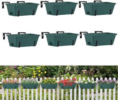 ETELI 6 Pack Deck Railing Planter Boxes with Adjustable Metal Hanging Brackets, Indoor Outdoor Hanging Window Boxes Planters with Drainage Tray for Patio, Lawn, Green & Black