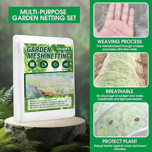 Garden Netting Kit, 10x30FT Ultra Fine Mesh Netting ＆6 Sets of 8FT Fiberglass Garden Hoops for Raised Beds, Vegetable Plants Fruits Flowers Birds Animals Barrier Protection Net