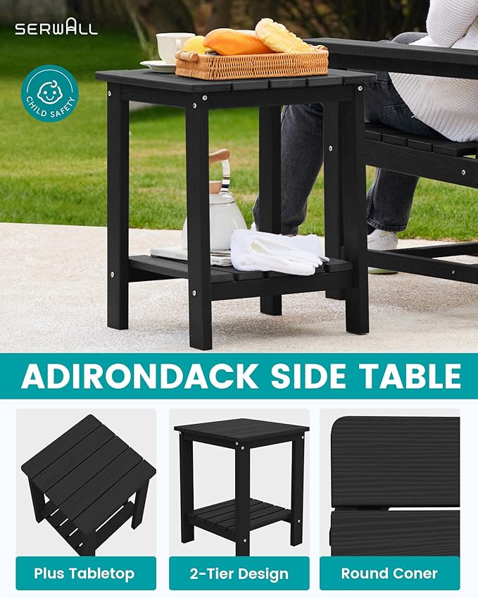 SEWRWALL Patio Furniture Set, HDPE Material All Weather Use Adirondack Chair Set with Side Table for Balcony, Porch, Garden, Backyard (Black)