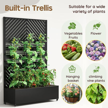 Metal Raised Garden Bed with Trellis & Wheels,72" x 47"x 15.7" Planter Box with Trellis,Privacy Planters for Patio,Garden Bed for Climbing Plants,Suitable for climbing plants and vegetables,Black