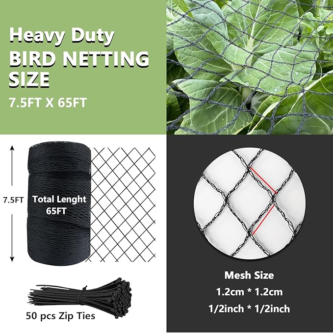 Bird Netting for Garden 7.5 x 65 FT Heavy Duty Black Garden Netting for Fruit Trees, Chicken Coop, Pond, Blueberry Bushes, Poultry & Deer Netting, HDPE Plant Protection Net Fence with Ties