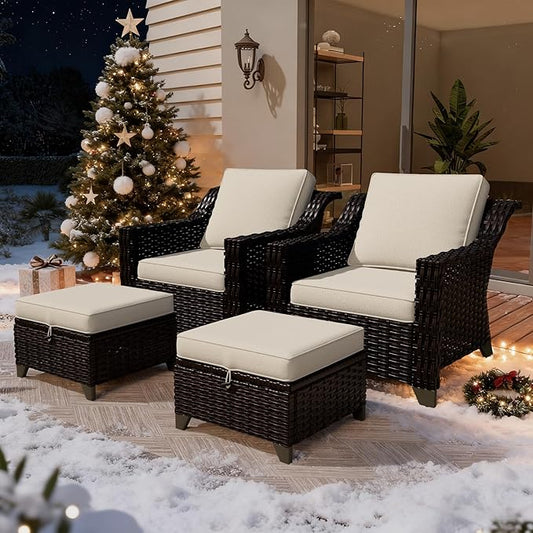 VistaVibe 4 Pieces Outdoor Patio Conversation Furniture Set - 2 Luxurious Armchairs | 2 Wicker Ottomans, Removable Cushions, Hand-Woven PE Rattan, Office, Porch (Brown/Beige)