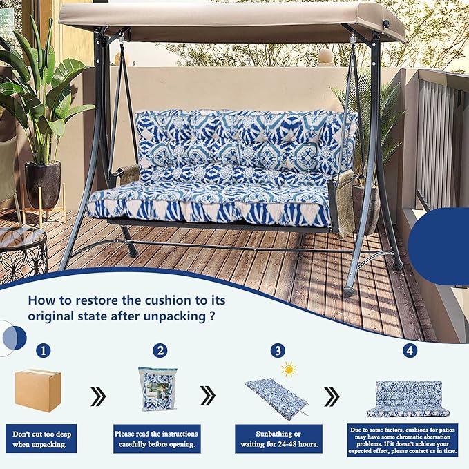 2/3 Seater Swing Replacement Cushion, Waterproof Porch Swing Cushions with Backrest, Thickened Bench Cushions for Outdoor Furniture, for Outdoor Patio Swing (Boho Blue, 63 * 40in)