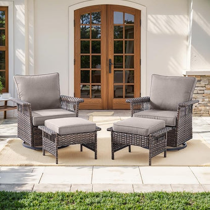 Patio Furniture Set 2 Wicker Swivel Glider Chairs with 2 PE Rattan Ottomans Brown Wicker Grey Cushions Patio Conversation Set 4pcs for Garden Balcony Sunroom Backyard