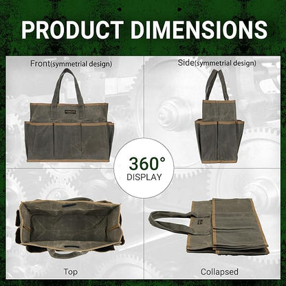 Waxed Canvas Tool Bag Tote, 14 Inch Heavy Duty Tool Organizer with 10 External Pockets & 1 Large Compartment, Army Green