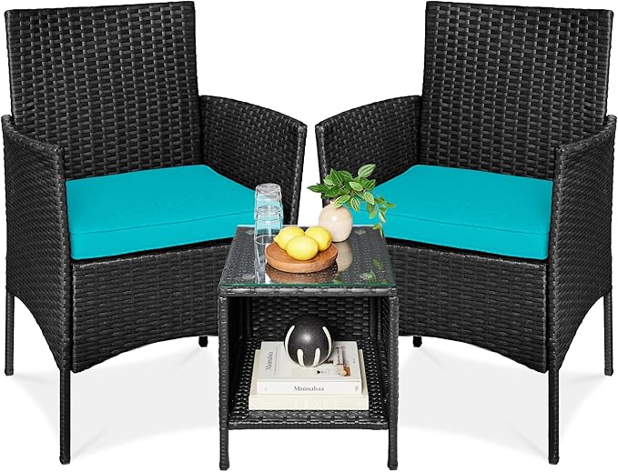 Best Choice Products 3-Piece Outdoor Wicker Conversation Bistro Set, Space Saving Patio Furniture for Garden w/Side Table - Black/Teal