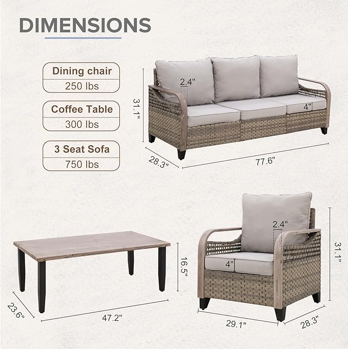 COOS BAY Modern Wicker Outdoor Furniture Set, Patio Conversation Set with Patio Chairs, 3 Seat Couch, and Side Table, 4 Piece, Brown/Gray