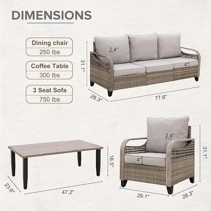 COOS BAY Modern Wicker Outdoor Furniture Set, Patio Conversation Set with Patio Chairs, 3 Seat Couch, and Side Table, 4 Piece, Brown/Gray