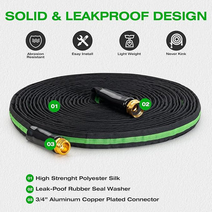 75FT Lightweight Super Flexible Garden Hose - Kink-Free, Non-Expanding, Easy Storage for Yard Lawn Outdoor Use (Black-Green)