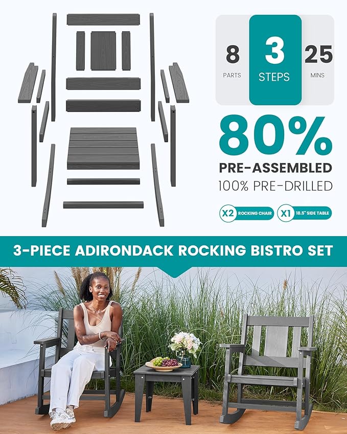 SERWALL Outdoor Rocking Bistro Set, HDPE Patio Furniture Set, Porch Rocking Chair Set with Table for Backyard, Balcony, and Garden- Grey