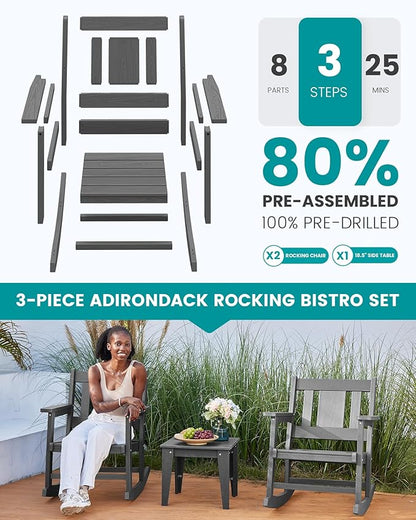 SERWALL Outdoor Rocking Bistro Set, HDPE Patio Furniture Set, Porch Rocking Chair Set with Table for Backyard, Balcony, and Garden- Grey