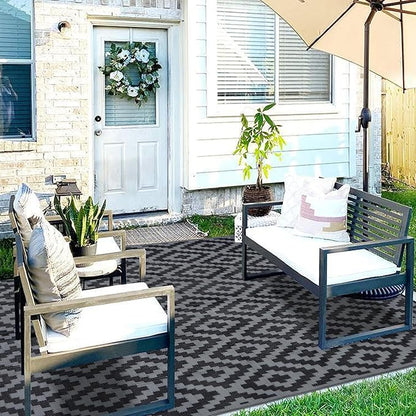 SAND MINE Waterproof Outdoor Rug, Plastic Reversible Rug, Modern Area Rug, Large Floor Mat for Outdoors, RV, Patio, Backyard, Deck, Picnic, Beach, Camping (8' x 8', Black Grey Lattice)