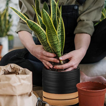 HERDUK 6 Inch Plant Pots, Ceramic Planter Pot with Drainage Hole & Saucer, Indoor/Outdoor Cylinder Round Planter Pot, Matte Black & Brown