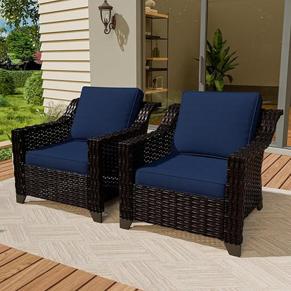 VistaVibe 2 Pieces Outdoor Armchairs, Patio Conversation Furniture Set, Washable Cushions, Luxurious Hand-Woven PE Rattan, Garden, Bistro, Deck, Backyard (Brown/Navy)