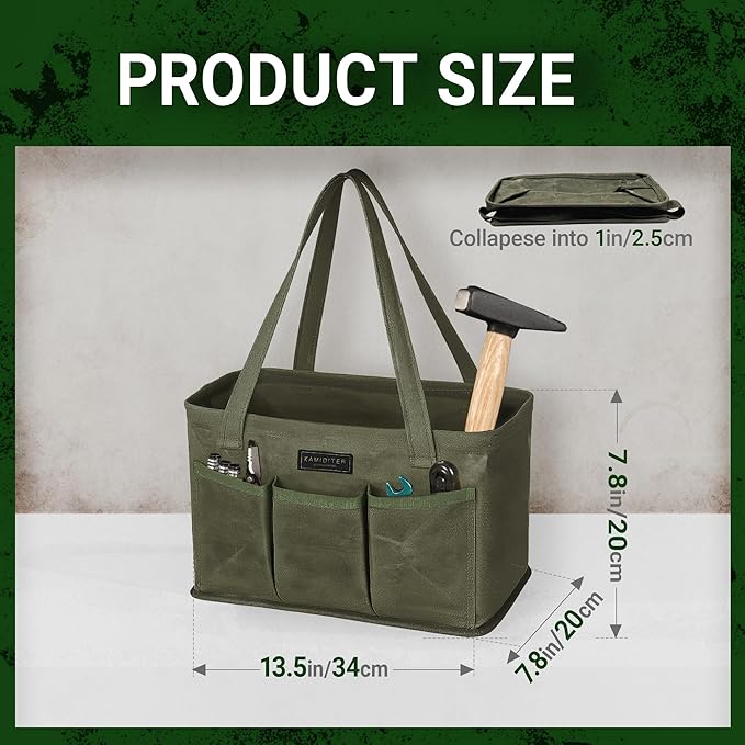 Tool Bag with Metal Frame, Waxed Canvas Wide Open Top Tool Tote Bag with 7 External Pockets, 13.5 x 7.8 x 7.8 Inches (ArmyGreen)