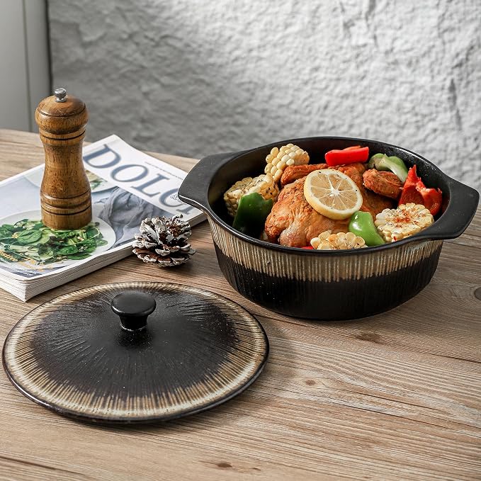 KOOV Ceramic Casserole Dish with Lid, 2 Quart, 9 inch, Rough Black