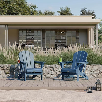 Ciokea Folding Adirondack Chair 2 Pack, Patio Adirondack Chair Weather Resistant, Plastic Fire Pit Chair with Cup Holder, Lawn Chair for Outdoor Porch Garden Backyard Deck (Royal Blue)