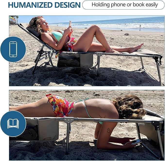Tanning Chair with Face Hole, Adjustable Folding Chaise Lounge Chairs for Outside with Detachable Pillow & Pocket，Portable flat beach chairs for sunbathing, beach lawns camping (Deep Grey, Standard)
