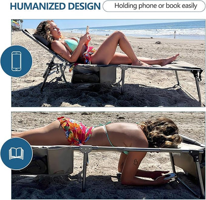 Tanning Chair with Face Hole, Adjustable Folding Chaise Lounge Chairs for Outside with Detachable Pillow & Pocket，Portable flat beach chairs for sunbathing, beach lawns camping (Deep Grey, Oversized)