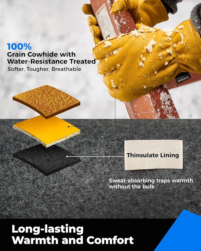toolant Leather Winter Work Gloves for Men, 100% Grain Cowhide with Warm Thinsulate Lining, Water & Abrasion Resistance