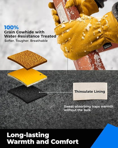 toolant Leather Winter Work Gloves for Men, 100% Grain Cowhide with Warm Thinsulate Lining, Water & Abrasion Resistance
