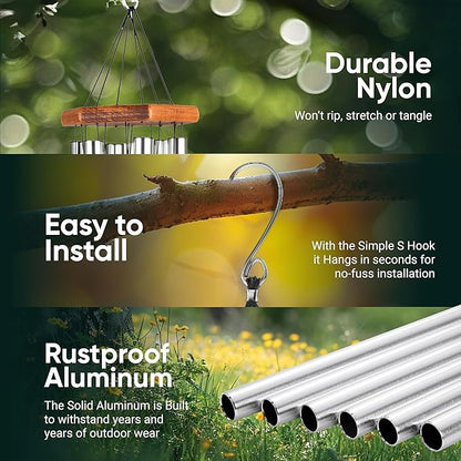 Nature’s Melody Premiere Grande Tunes Wind Chimes – Outdoor Windchime with 6 Tubes Tuned to E Pentatonic Scale, Rustproof Aluminum, Beech Wood & S Hook Hanger for Sympathy, Memorial Gift or Zen Garden