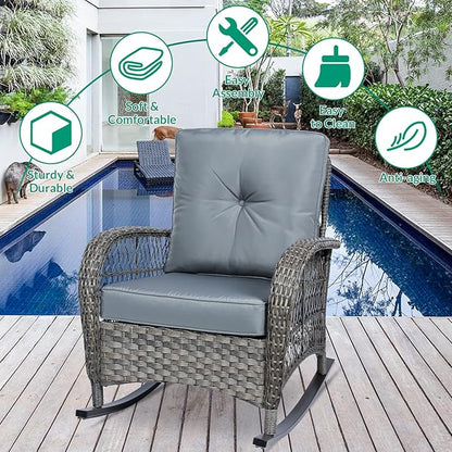 VIVIJASON 3-Piece Outdoor Conversation Bistro Set, Patio Wicker Rocking Chairs Rattan Furniture Sets w/ 2 Rattan Chairs, Cushions, Glass Top Side Table for Garden Porch Backyard (Grey)