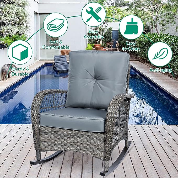 VIVIJASON 2 Piece Patio Wicker Rattan Rocker Chair, Outdoor Rattan Rocker Chair with Cushions & Steel Frame, All-Weather Rocking Lawn Wicker Furniture for Garden Backyard Porch (Grey)