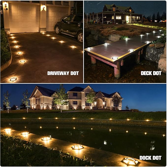 VOLISUN Solar Dock Lights - 16-Pack Waterproof Outdoor LED Aluminum Warning Step Lights for Driveway (Warm White & White, 2 Colors in 1)