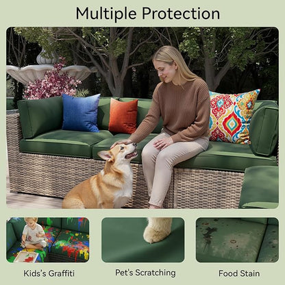 Aoxun 14pcs Patio Cushion Covers Replacement, Waterproof Outdoor Furniture Cushion Covers with Zipper and Non-Slip Bottom, Patio Sofa Couch 3 Sizes for Patio Sectional, Covers Only (Green)