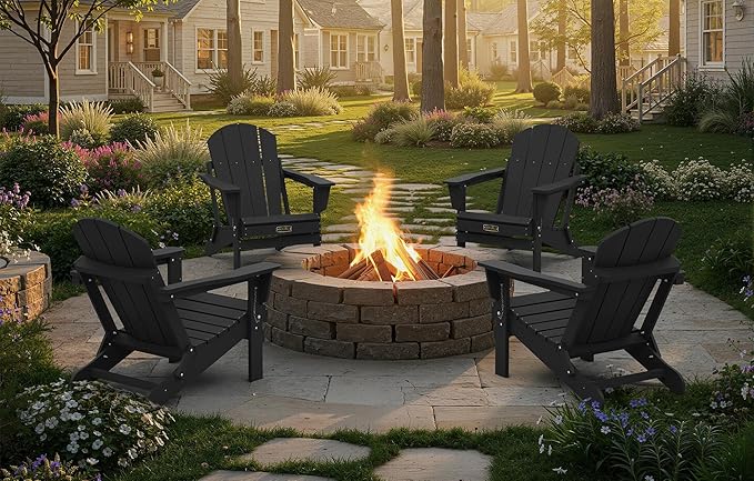 SERWALL Folding Adirondack Chairs Patio Chairs Lawn Chair Outdoor Weather Resistant for Patio Garden, Backyard Deck, Fire Pit - Black