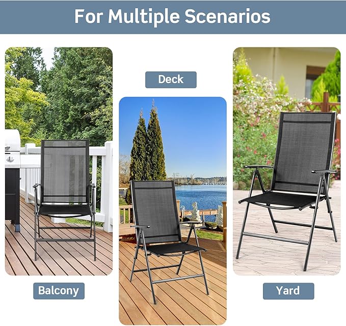 Tangkula Set of 4 Patio Foldable Dining Chairs, Outdoor Portable Camping Chairs with Armrest High Backrest, Folding Chairs for Porch, Poolside, Garden, Balcony, Backyard (Black)