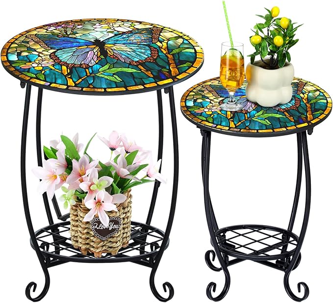 Cinnvoice 2 Pcs Outdoor Side Table Small Patio Round Mosaic Accent End Table Indoor Plant Metal Coffee Tea Tables for Patio Yard Porch Garden Living Room(10" and 14",Butterfly Style)