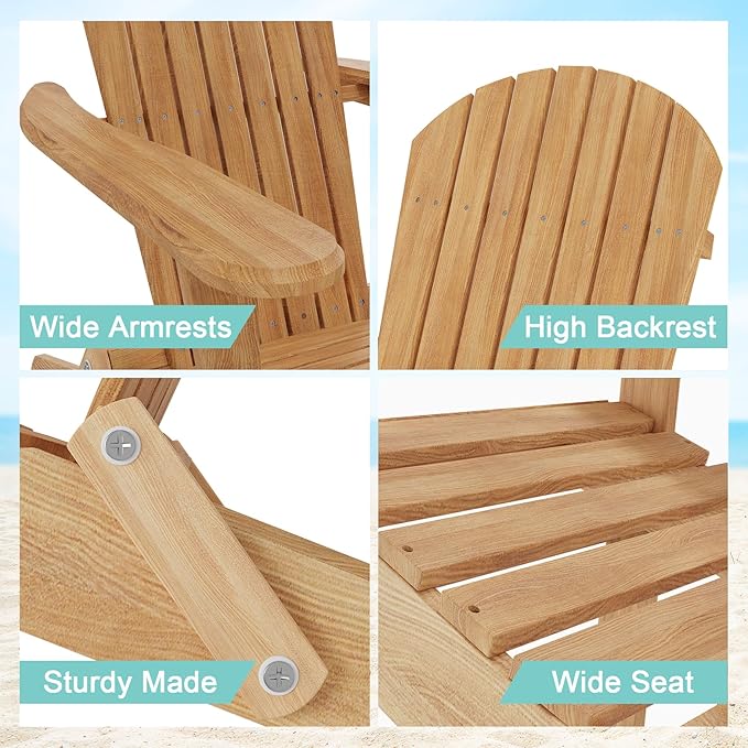 Adirondack Chairs Set of 2, Folding Wooden Adirondack Chair, Fire Pit Chairs, Outdoor Lounge Furniture for Yard, Garden, Patio (Natural)
