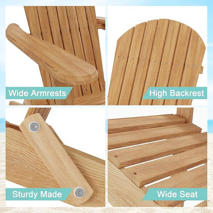 Adirondack Chairs Set of 2, Folding Wooden Adirondack Chair, Fire Pit Chairs, Outdoor Lounge Furniture for Yard, Garden, Patio (Natural)