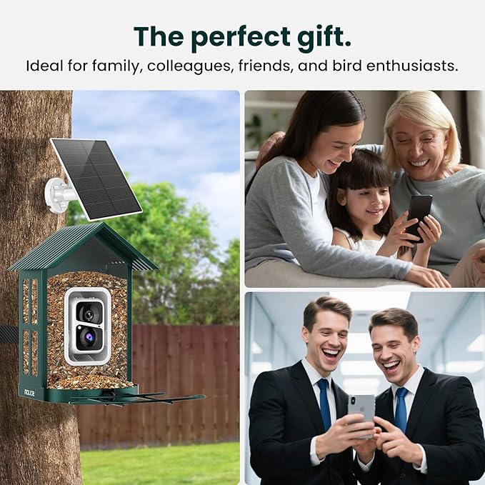 SOLIOM Solar Bird Feeder with Camera for Outdoors - Durable Metal AI Smart Birdhouse, 2K Live View & Instant Alerts, Squirrel Proof - Ideal Bird Watching Gift (Green)