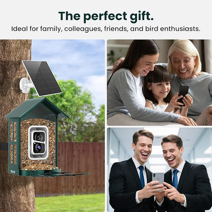SOLIOM Solar Bird Feeder with Camera for Outdoors - Durable Metal AI Smart Birdhouse, 2K Live View & Instant Alerts, Squirrel Proof - Ideal Bird Watching Gift (Green)