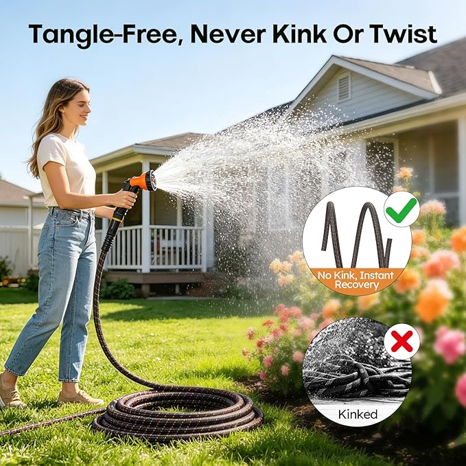 Garden Hose, 3/4" Flexible Water Hose Ultra Lightweight, Non-Expandable with 10 Function Nozzle, Kink-Free, Leak-Proof, 360° Swivel, Abrasion Resistant & Easy to Store for Yard Lawn, Outdoor (50ft)