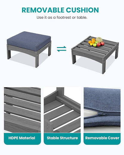 SERWALL 5-Piece Patio Sofas with 15FT Double Side Patio Umbrella, All-Weather HDPE Outdoor Sectional Sofa, Large Modular Patio Conversation Set for Garden, Deck, Porch, Grey Frame with Grey Cushion