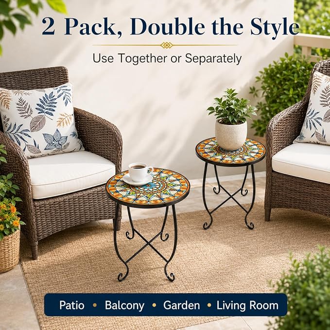 Set of 2 Mosaic Outdoor Side Tables Round, 15 Inch Height - Small Patio Table Set, Foldable Sun Pattern Metal Plant Stands for Garden, Balcony & Yard (Mosaic Sun, 2 Pack)