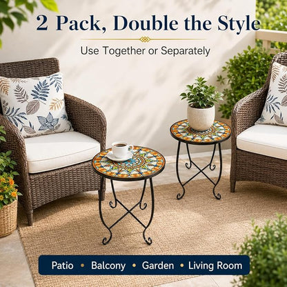 Set of 2 Mosaic Outdoor Side Tables Round, 15 Inch Height - Small Patio Table Set, Foldable Sun Pattern Metal Plant Stands for Garden, Balcony & Yard (Mosaic Sun, 2 Pack)