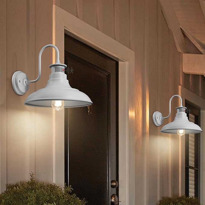 2 Pack Farmhouse Gooseneck Wall Sconce Barn Lights,Motion Sensor and Dusk to Dawn Outdoor Wall Mount Lighting Fixtures,3 Modes Exterior Porch Light IP65 Waterproof E26 Matte White Wall Lamp for Patio